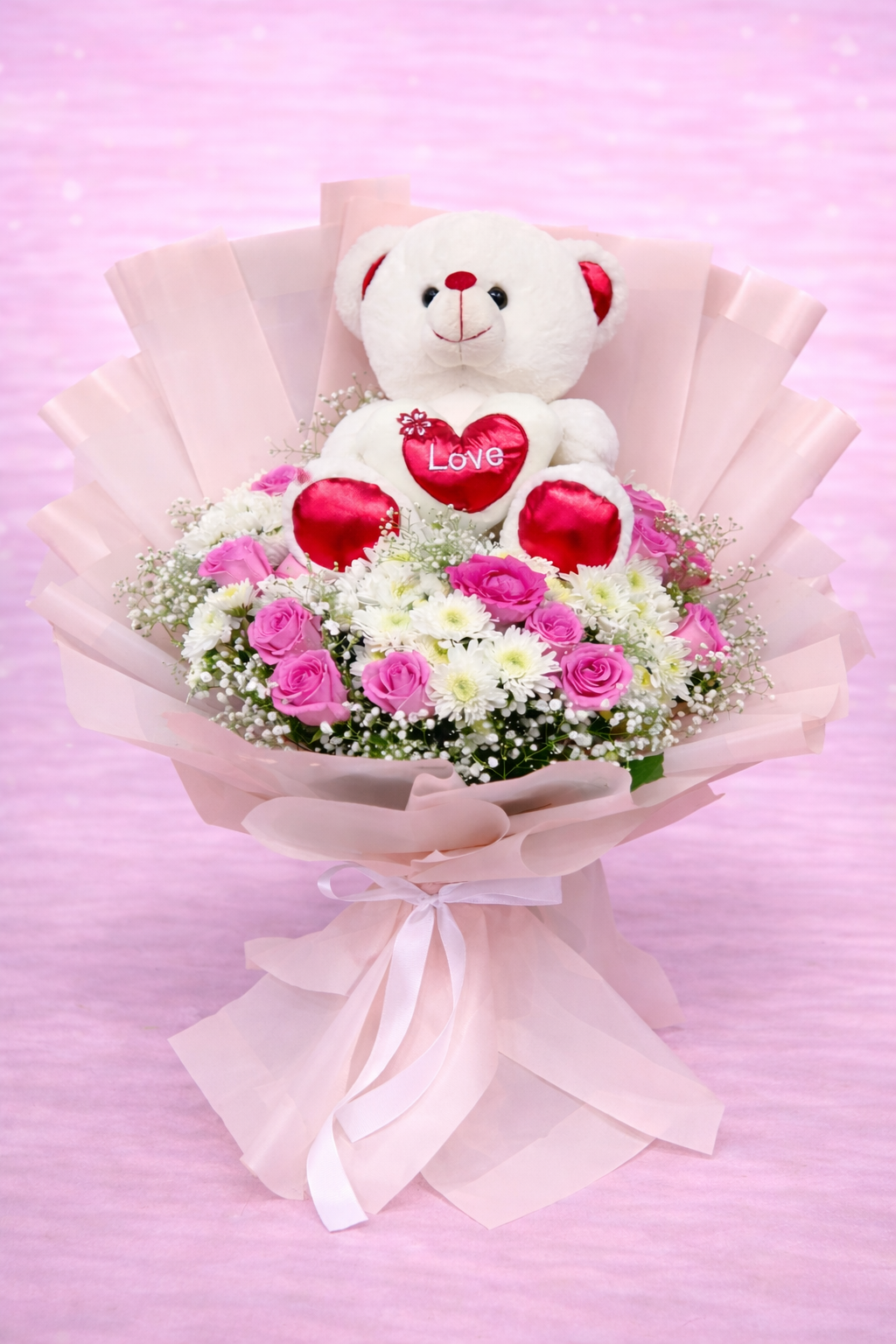 Sweetheart White Teddy & Rose Garden