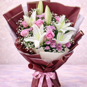 Royal Maroon Lily & Pink Rose Bouquet
