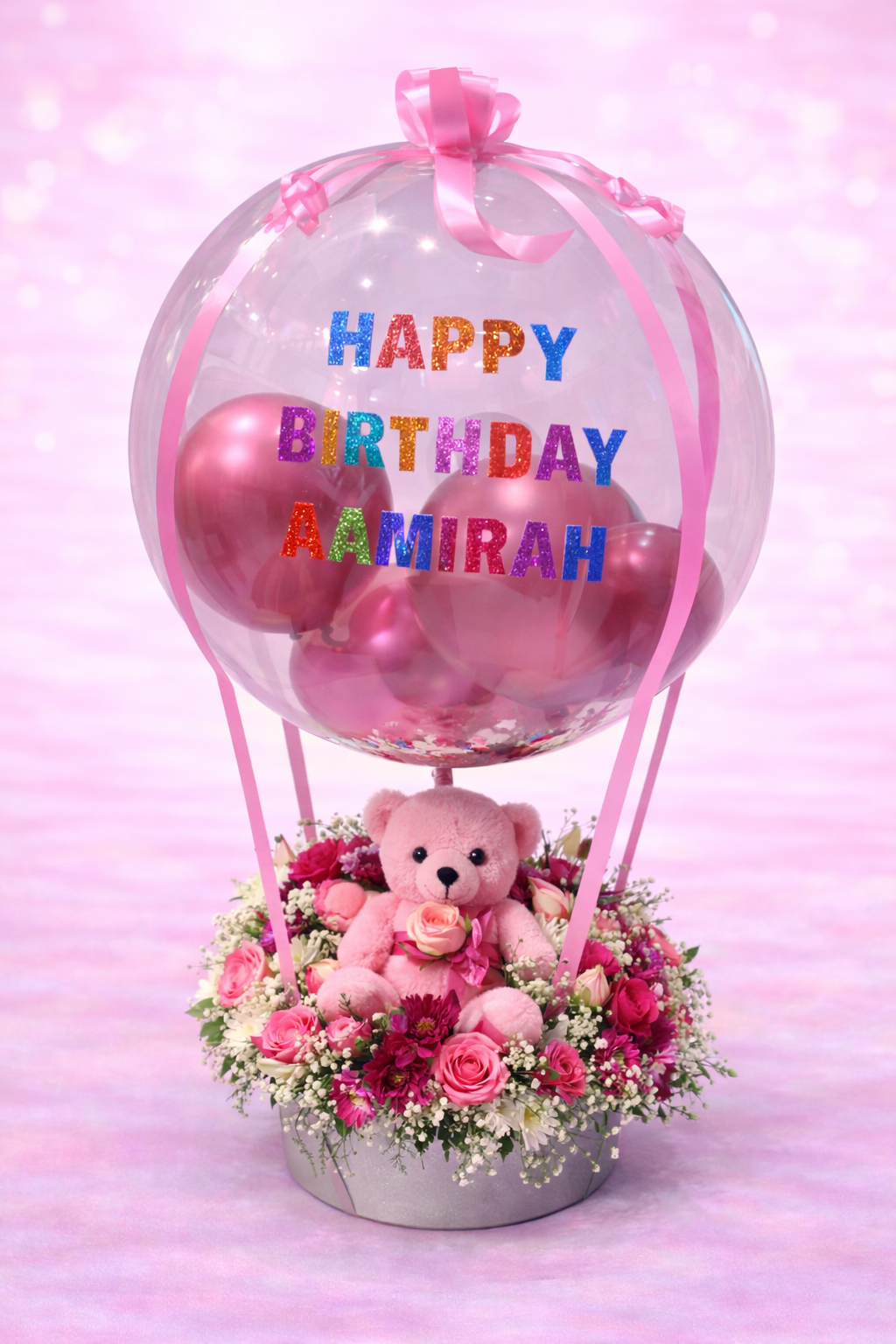Pink Glamour Personalized Teddy & Balloon Box