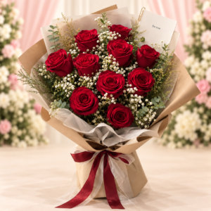 Red Rose Bouquet with Baby's Breath - Red rose bouquet with baby’s breath, greenery and burgundy ribbon