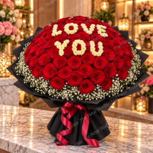 100 Red Rose I Love You - 100 red rose bouquet with white I LOVE YOU lettering and baby's breath in black wrapping