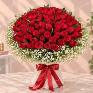 120 Red Roses Dome - Dome bouquet of 120 red roses with white baby's breath and red ribbon