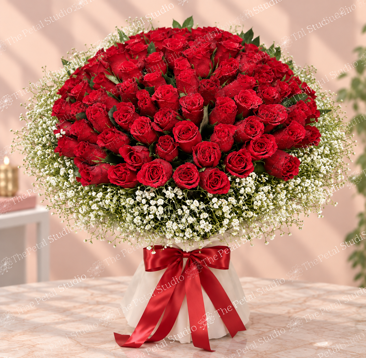 120 Red Roses Dome - Dome bouquet of 120 red roses with white baby's breath and red ribbon