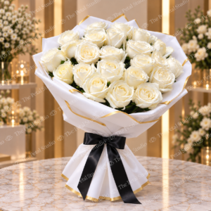 22 White Rose Bouquet - 22 white roses wrapped in white paper with a black satin ribbon
