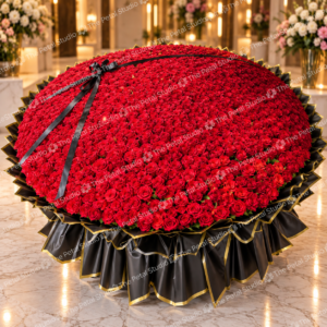 3500 Red Roses Grand Dome - Grand 3500 red rose dome bouquet with black and gold premium wrapping