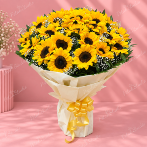 40 Sunflowers Bouquet - 40 sunflowers bouquet with baby's breath, cream wrapping and gold ribbon