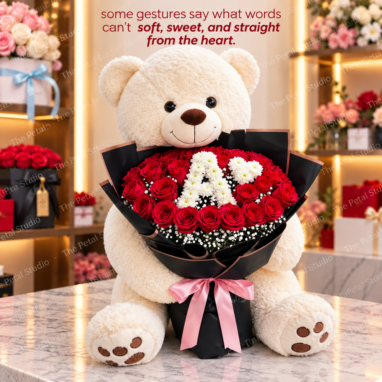 5 Feet Teddy and 100 Red Roses - 5 feet teddy bear holding 100 red roses with custom white flower initials in black wrapping