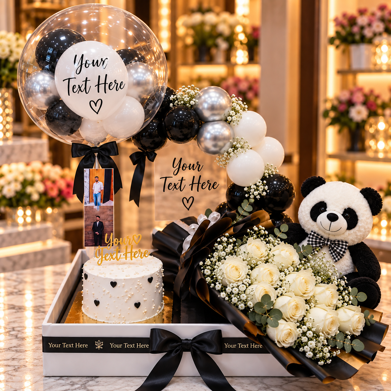 Luxe Birthday Celebration Hamper - Luxury birthday hamper with cake, white rose bouquet, teddy bear, balloons, photos and personalized message