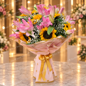 Pink Lily and Sunflower Bouquet - Pink lily and sunflower bouquet with white filler flowers and elegant pink wrapping
