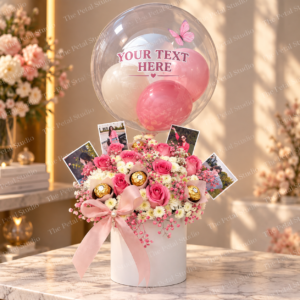 Birthday Bloom - Personalised bubble balloon with pink roses, Ferrero Rocher and photo cards in a white box