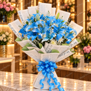 Blue Lily Book Wrap Bouquet - Blue lily bouquet with white flowers, baby's breath and decorative book-page wrapping