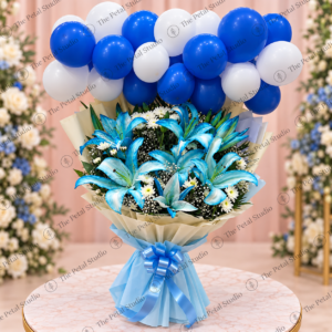 Blue Lily Celebration Bouquet with Balloons
