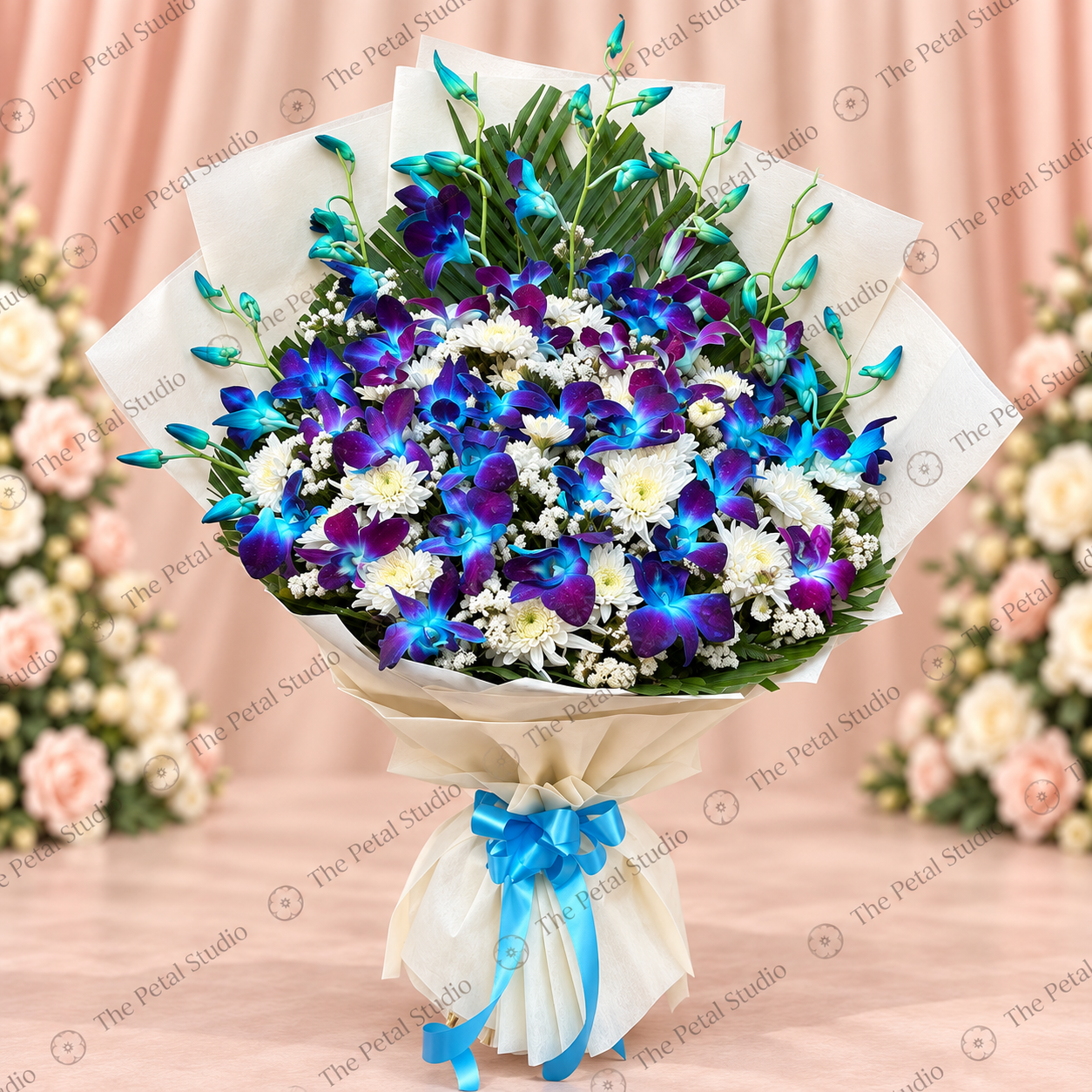 Blue Orchid and White Chrysanthemum Premium Bouquet - Premium blue orchid and white chrysanthemum bouquet with baby's breath in ivory wrapping