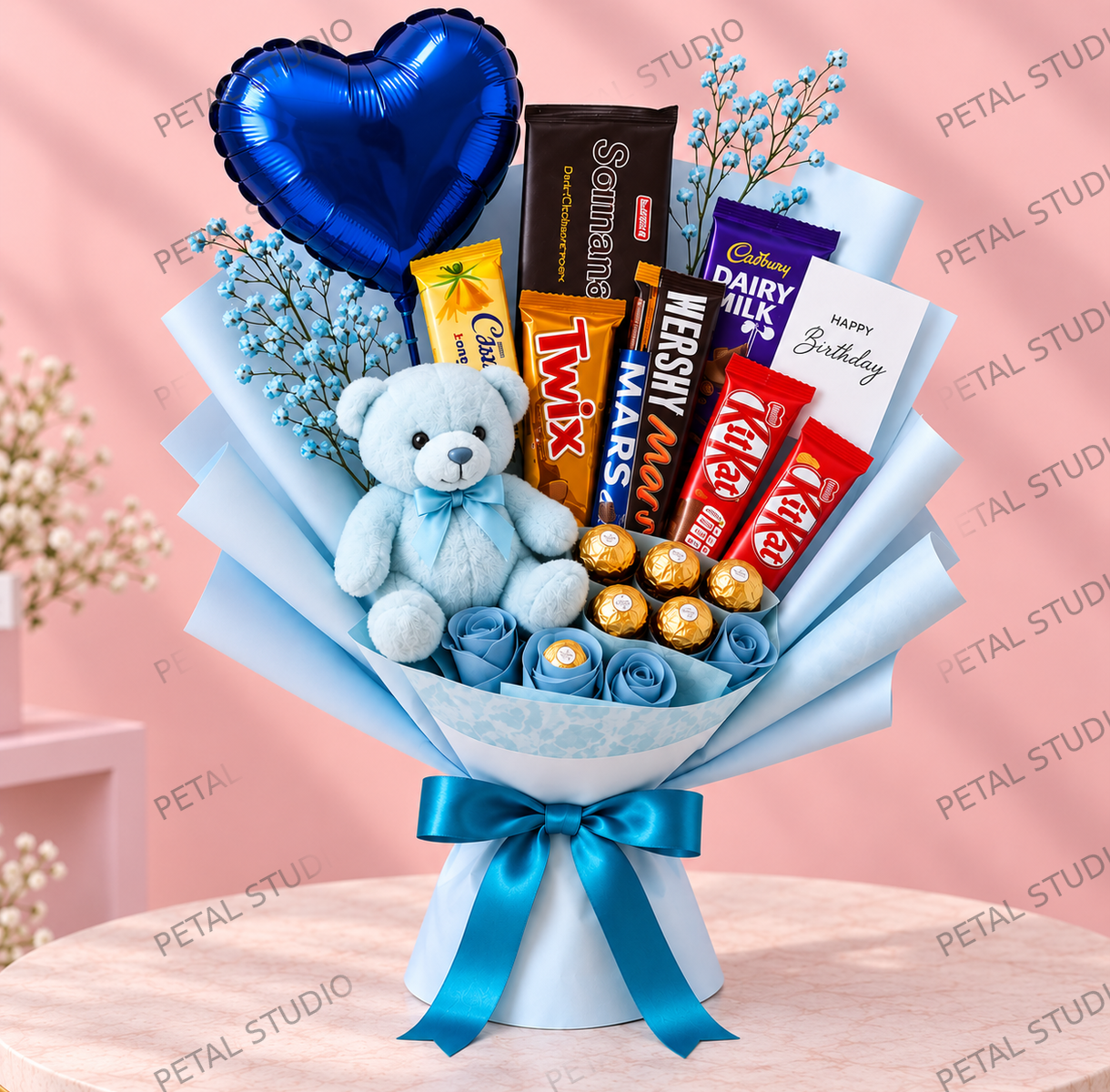 Blue Teddy Chocolate Birthday Bouquet - Blue teddy bear chocolate birthday bouquet with blue heart balloon, chocolates and Happy Birthday card