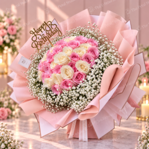 Blush Cloud - Romantic pastel pink and cream rose bouquet with baby's breath in blush pink wrapping