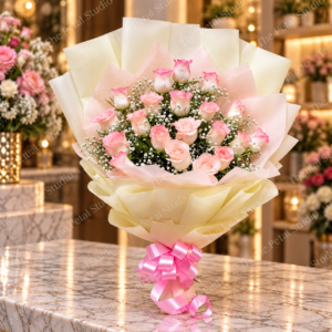 Blush Rose Elegance - Soft pink rose bouquet with baby's breath in cream and pink wrapping with a pink bow