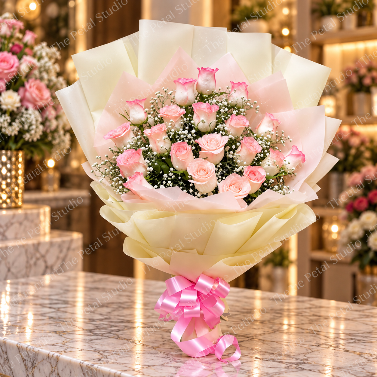 Blush Rose Elegance - Soft pink rose bouquet with baby's breath in cream and pink wrapping with a pink bow