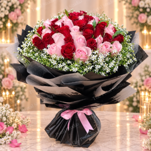 Crimson and Blush - Luxury red and pink rose bouquet with baby's breath, greenery, black wrapping and pink satin ribbon