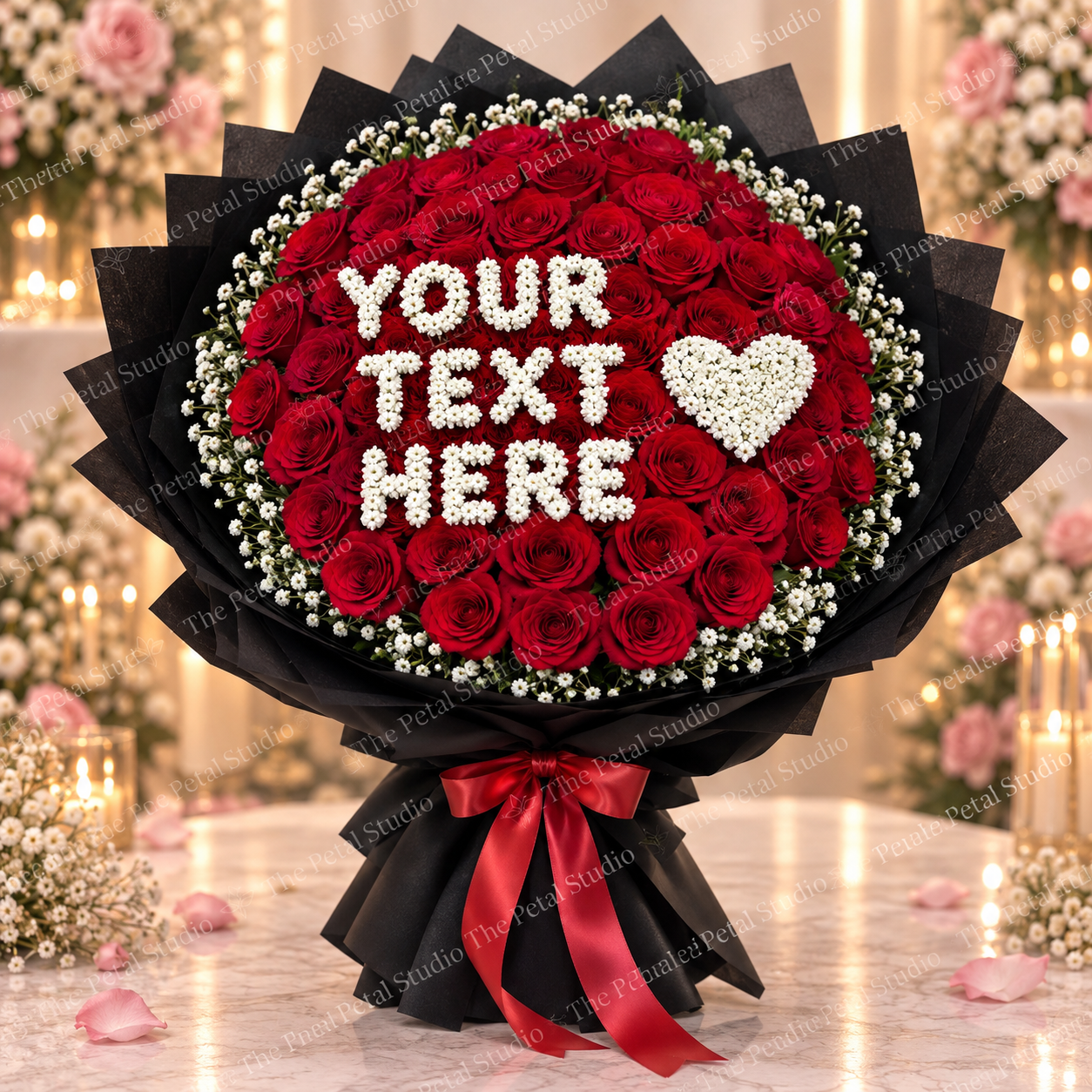 Forever Yours - Romantic red rose bouquet with customizable message and white heart, surrounded by baby's breath in black wrapping