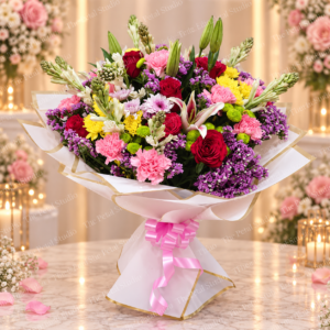 Garden Celebration - Luxurious mixed flower bouquet with red roses, pink carnations, yellow chrysanthemums, white lilies, purple filler flowers, baby's breath and greenery in cream-and-gold wrapping