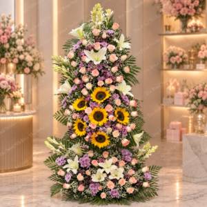 Grand Sunflower Lily Floral Tree Arrangement - Grand tiered floral tree arrangement with sunflowers, lilies, roses, chrysanthemums and baby's breath
