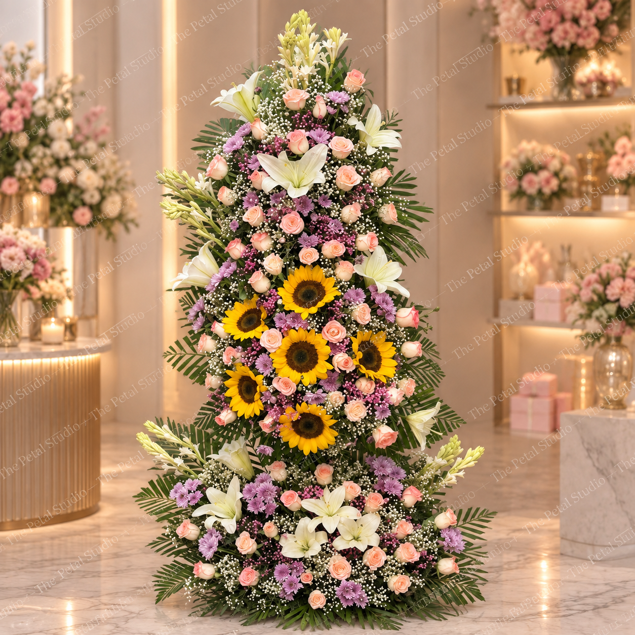 Grand Sunflower Lily Floral Tree Arrangement - Grand tiered floral tree arrangement with sunflowers, lilies, roses, chrysanthemums and baby's breath