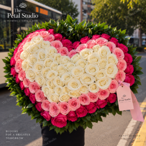 Pink and White Rose Heart Bouquet - Large heart-shaped bouquet of pink and white roses with lush greenery