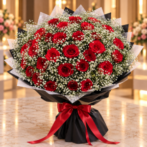 Grand Red Rose and Baby's Breath Bouquet - Large red rose bouquet with abundant baby's breath in elegant black wrapping