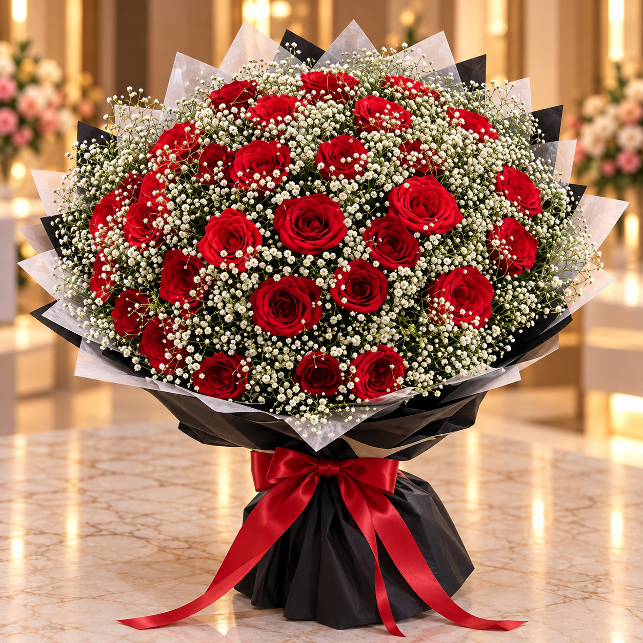 Grand Red Rose and Baby's Breath Bouquet - Large red rose bouquet with abundant baby's breath in elegant black wrapping