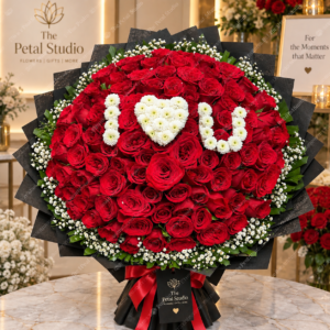 I Love You Red Rose Bouquet - I Love You red rose bouquet with white flower lettering, baby's breath and black wrapping