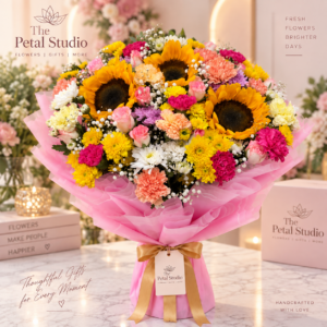Sunflower and Mixed Flowers Celebration Bouquet - Premium mixed flower bouquet with sunflowers, roses, carnations, chrysanthemums, orchids and baby's breath