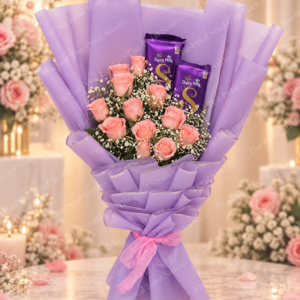 Lavender Love - Peach roses with Dairy Milk chocolates in lavender wrapping