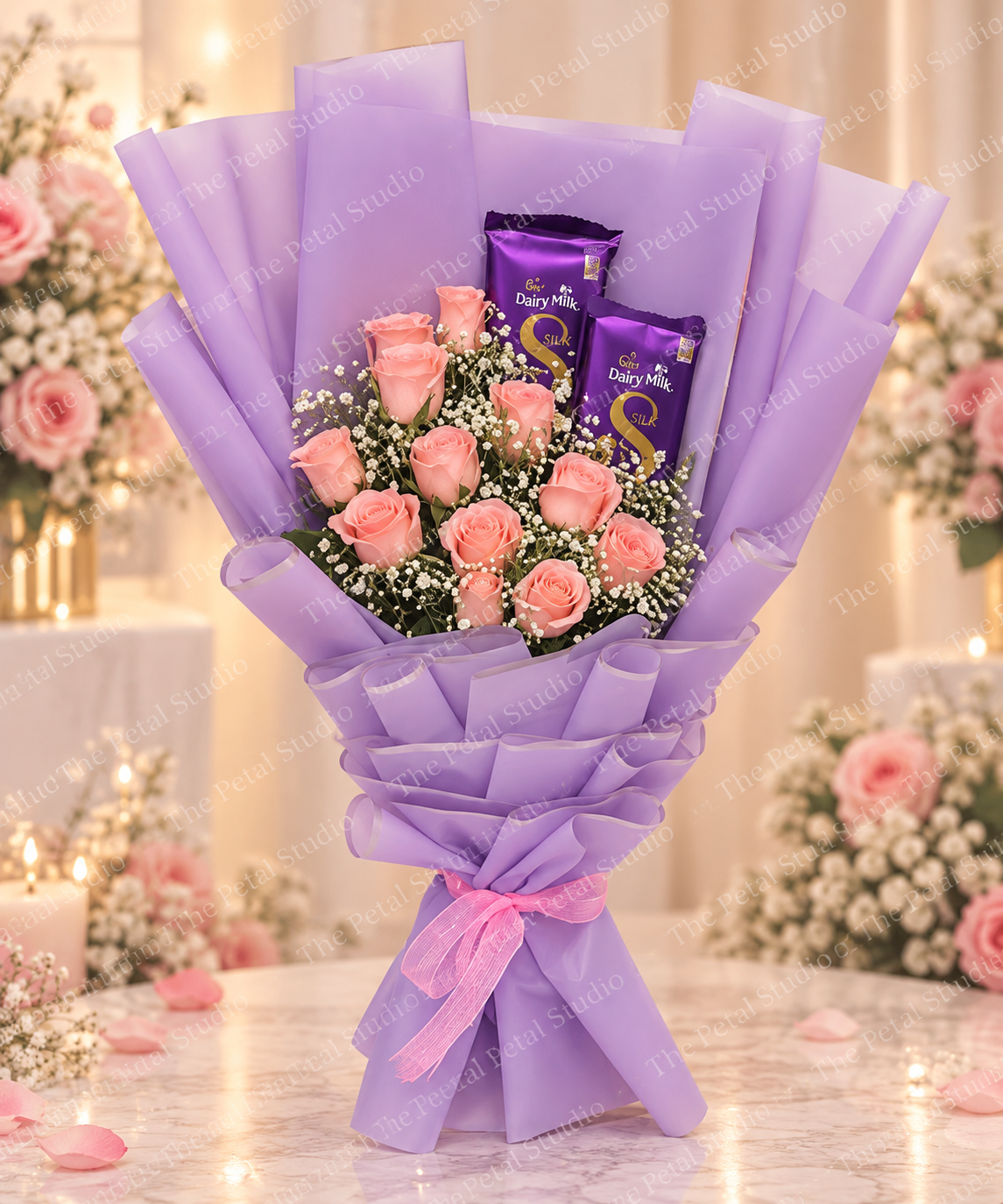 Lavender Love - Peach roses with Dairy Milk chocolates in lavender wrapping