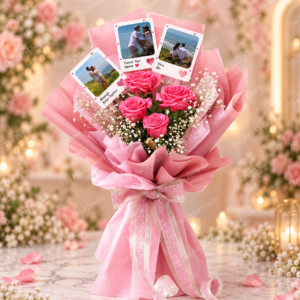 Memories In Bloom - Pink rose bouquet with printed photo cards in pink wrapping