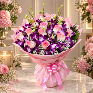 Orchid Blush - Purple orchids and pink roses bouquet in pink wrapping