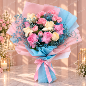 Pastel Blue Bliss - Pastel pink and cream rose bouquet with pink carnations, blue baby's breath, greenery and satin ribbon