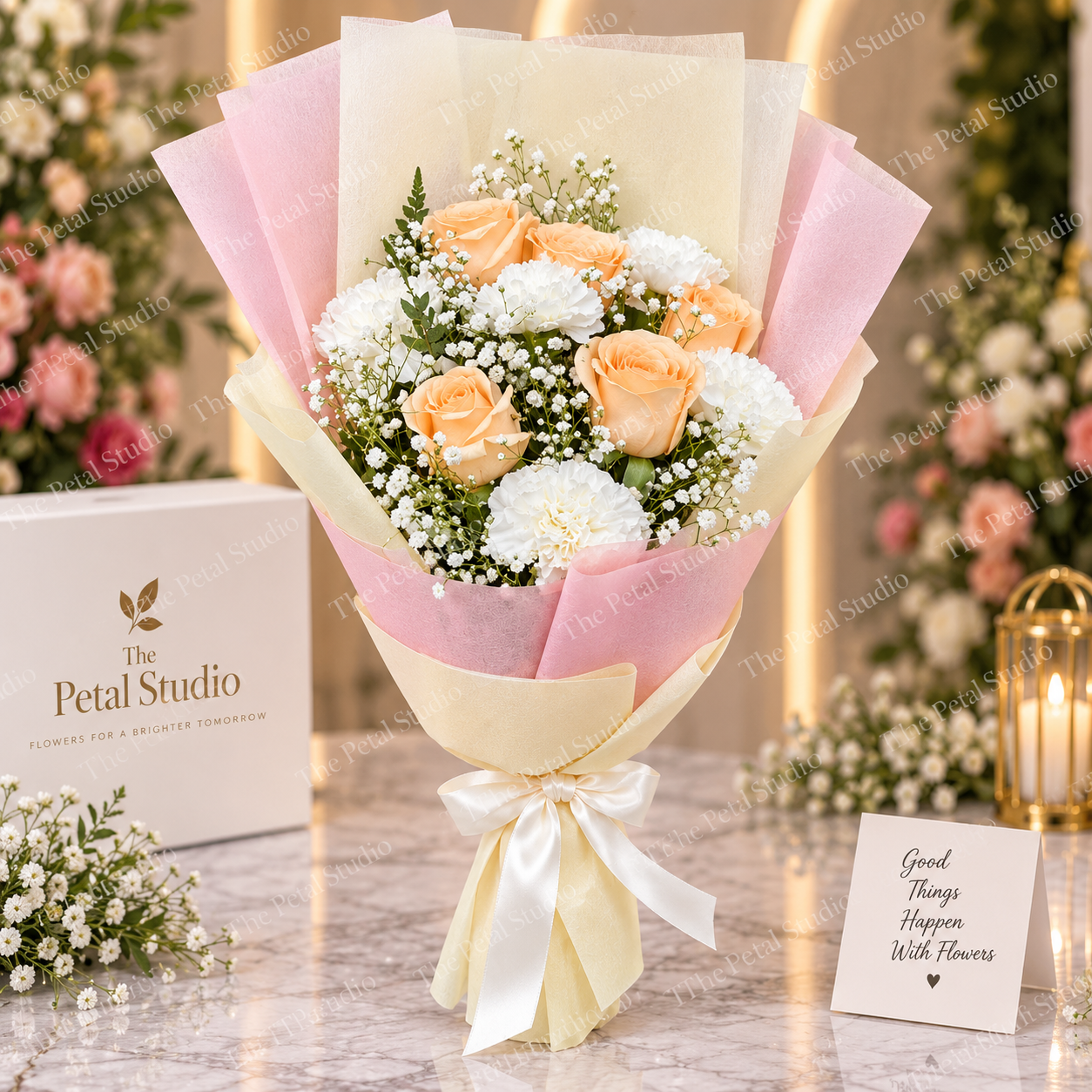 Peach Blossom - Peach roses and white carnations bouquet in peach and pink wrapping