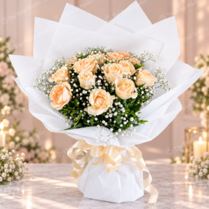 Peach Elegance - Creamy peach rose bouquet with baby's breath and greenery in white wrapping with champagne satin bow