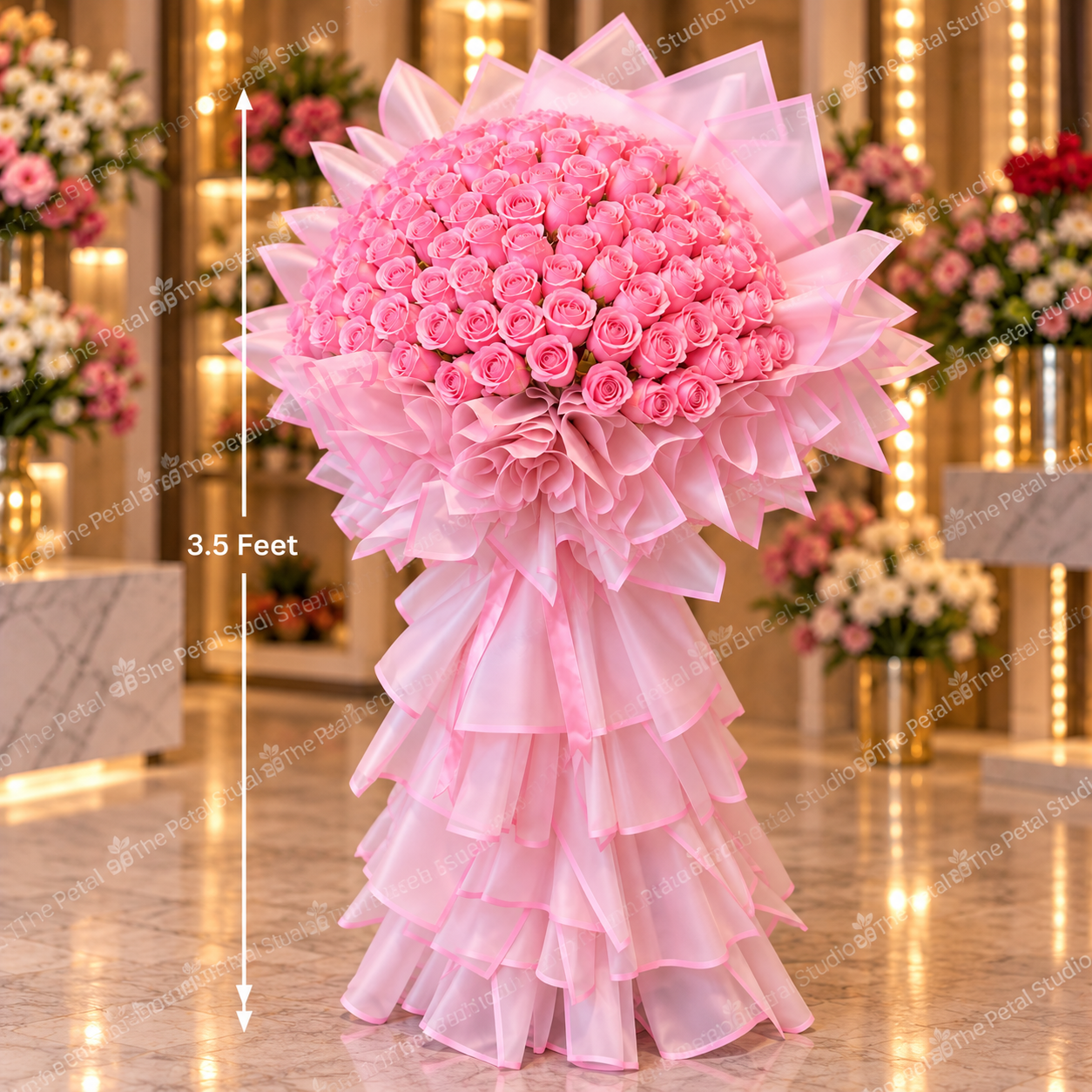 3 5 Ft Pink Roses Grand - 3.5 feet tall pink rose bouquet in ruffled pink wrapping