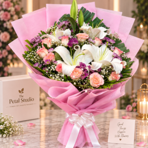 Pink Lily Blush - Pink lilies, peach roses and purple filler flowers in pink wrapping