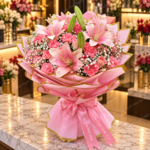 Pink Lily Luxe Bouquet - Luxury pink lily bouquet with pink carnations, mini roses and baby's breath in pink and gold wrapping