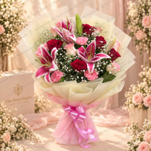 Pink Lily Red Rose Bouquet - Pink lily and red rose bouquet with pink carnations, baby's breath and pink wrapping