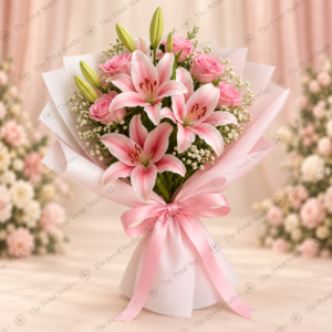 Pink Lily and Rose Bouquet with Baby s - Pink lily and rose bouquet with baby's breath in pink and white wrapping