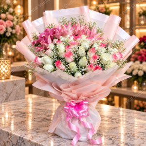 Pink and White Rose Lily Premium Bouquet - Premium bouquet with pink lilies, pink-edged white roses and baby's breath in pastel wrapping