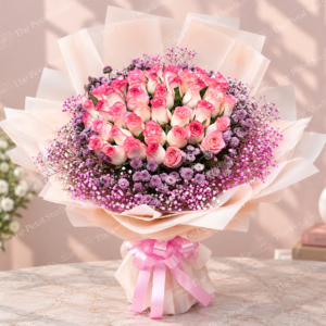 Pastel Rose and Purple Bestseller - Large pink and cream rose bouquet with purple filler flowers and soft pink ribbon