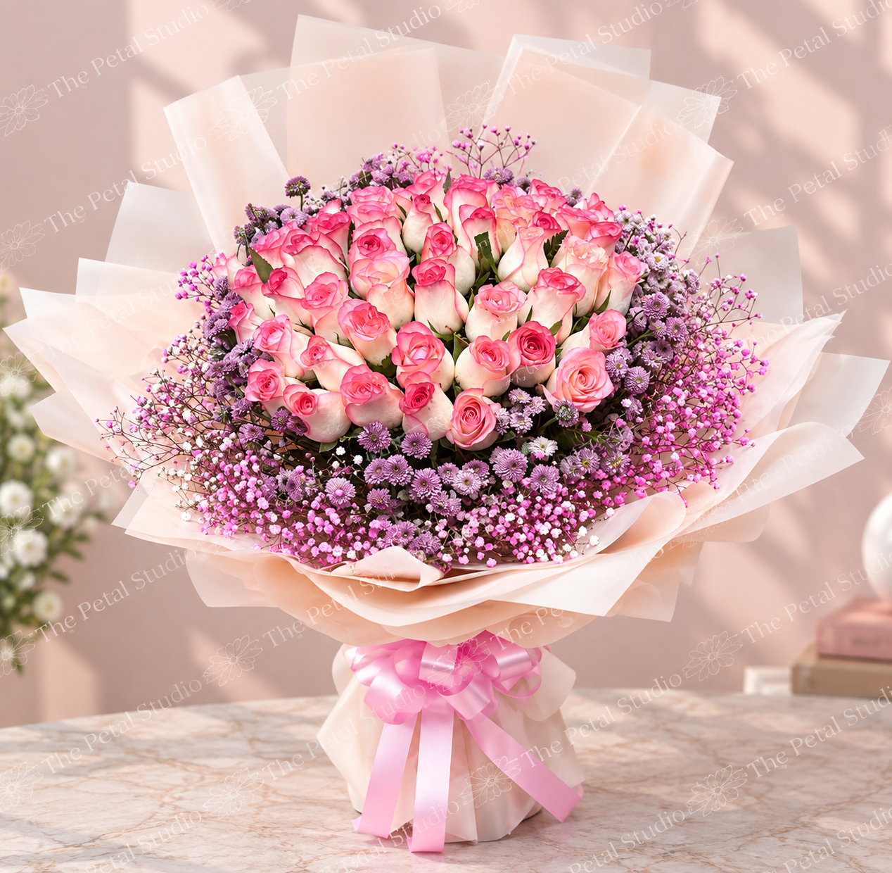 Pastel Rose and Purple Bestseller - Large pink and cream rose bouquet with purple filler flowers and soft pink ribbon