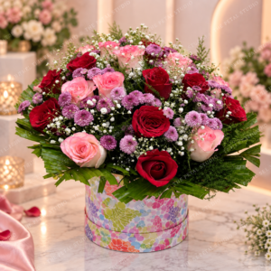 Red and Pink Rose Round Box Bouquet - Round flower box arrangement with red and pink roses, baby's breath and decorative filler flowers