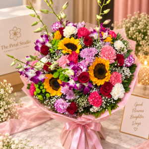 Pink Rose Baby's Breath Premium Bouquet - Premium pink rose bouquet with baby's breath and gold-edged blush wrapping