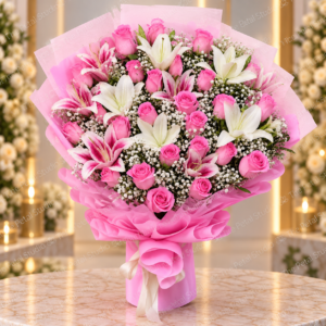 Pink Rose White Lily Bouquet
