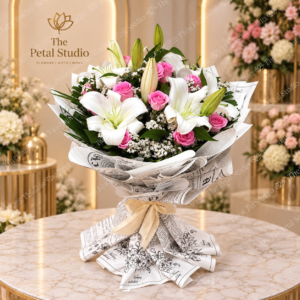 Pink Rose White Lily Newspaper Bouquet